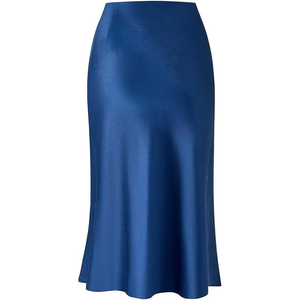 Women's Dark Blue Long Length Silk Satin High Waist Elastic Causal Midi Skirt - Picture 2 of 4